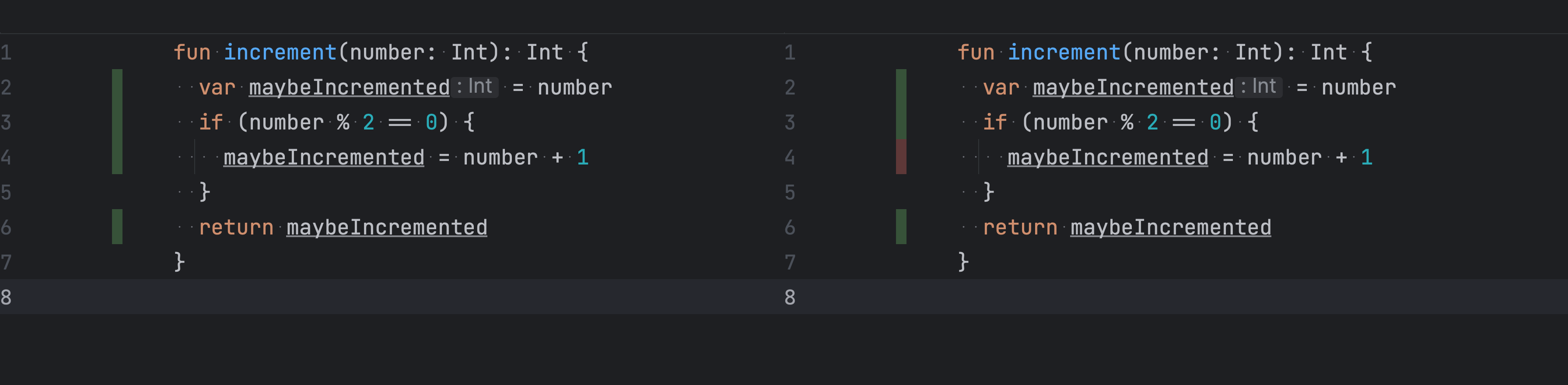 IDE showing coverage information for test 1 (left) and test 2 (right)