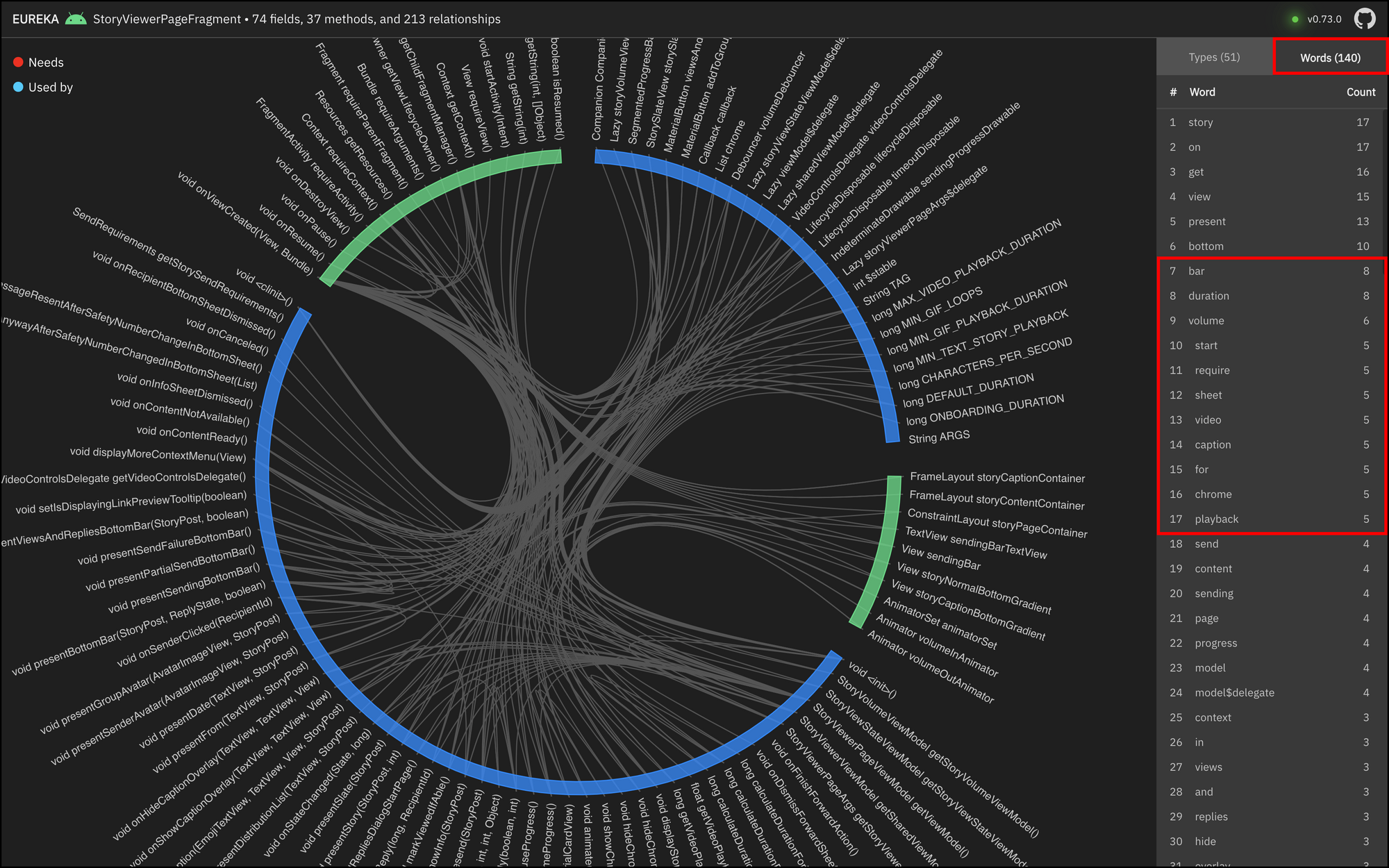 Selected "Words" tab in the vocabulary panel