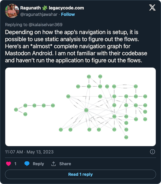 A directed graph from jQAssistant showing user journeys in an Android app