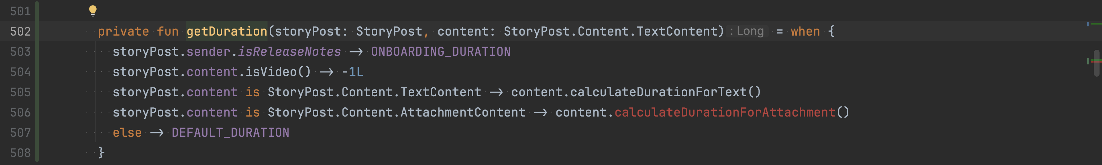 Extracted getDuration function showing a compilation error on line 506